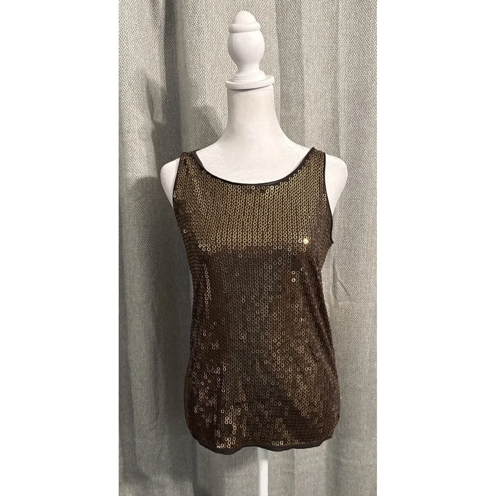 TORY BURCH Sequin Tank Top Women's Size Small Brown Gold Stretch Cocktail